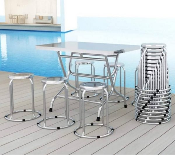 Bộ bàn ăn inox treo ghế gồm một bàn 6 ghế chân tròn dùng cho tiểu học