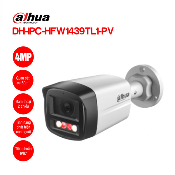 Camera IP Dahua DH-IPC-HFW1439TL1-PV 4MP Full Color Thân Trụ Tích Hợp Còi & Đèn