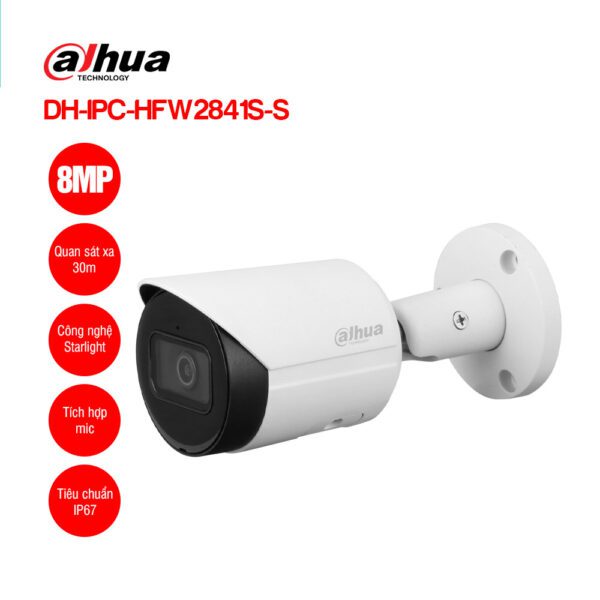 Camera IP Thân 8MP Dahua DH-IPC-HFW2841S-S 4K, AI WizSense, Có Mic, IR 30m