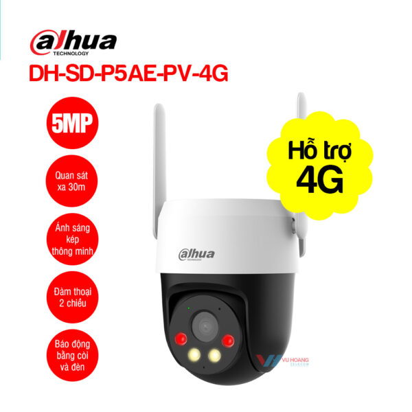 Camera 4G Dahua DH-P5AE-PV-4G 5MP, Quay 360°, Full Color, Còi Đèn, AI