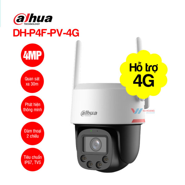 Camera 4G Dahua DH-P4F-PV-4G 4MP, 2 Mắt, Quay 360°, Full Color, Còi Đèn
