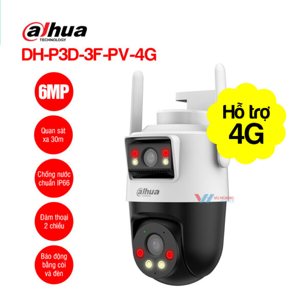 Camera 4G Dahua DH-P3D-3F-PV-4G 6MP (2 Mắt), Quay 360°, Full Color, Còi Đèn