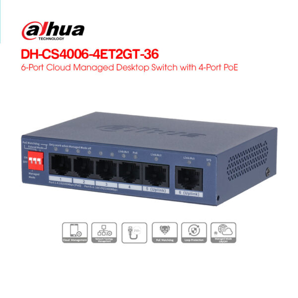 Switch PoE Dahua DH-CS4006-4ET2GT-36 (4 PoE + 2 uplink Gigabit) chính hãng