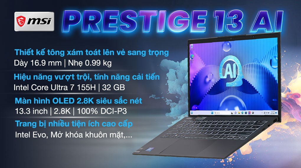 MSI Prestige 13 AI Evo A1MG – Ultra 7 155H | 32GB | 1TB | 13.3″ 2.8K OLED