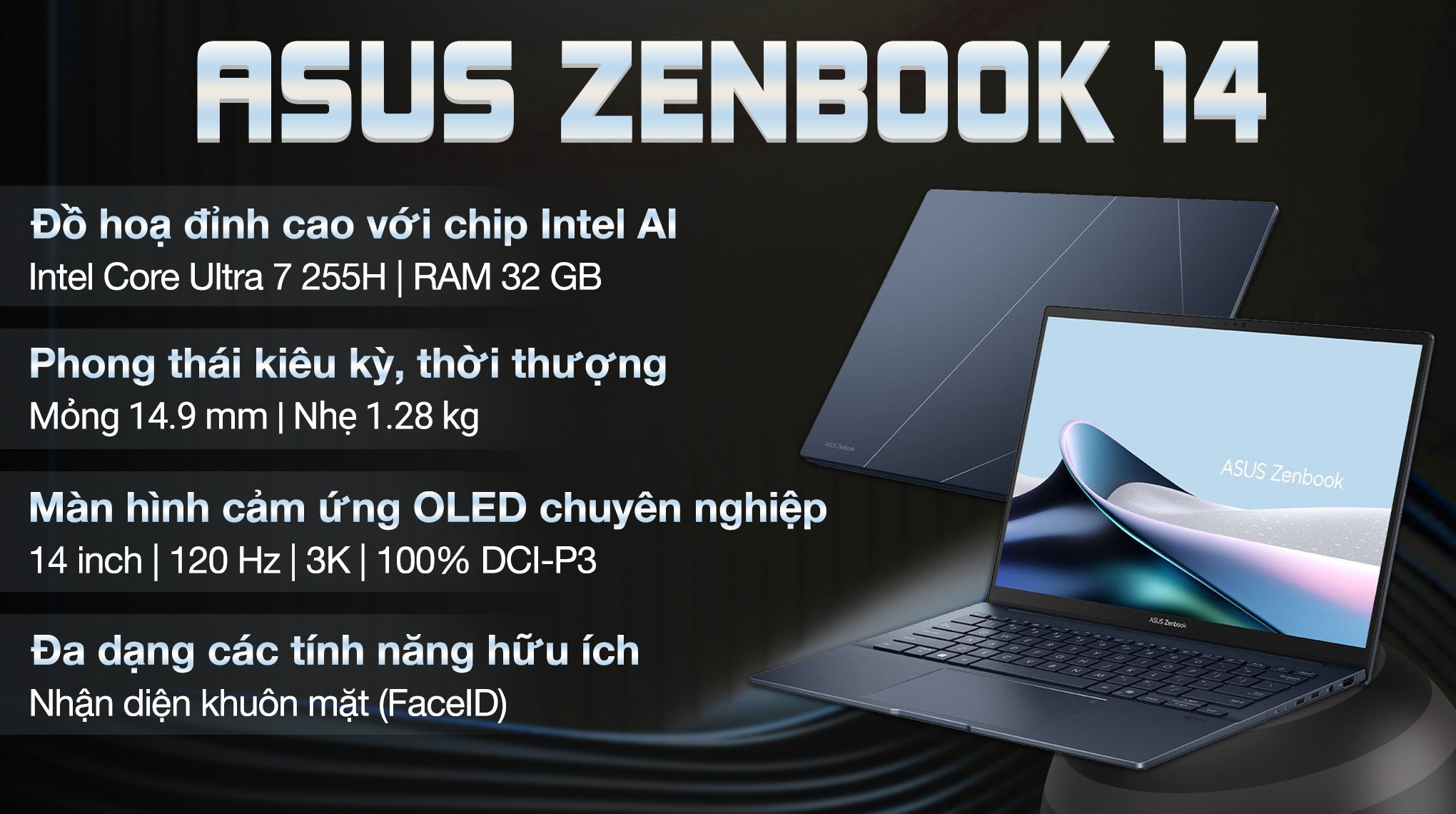 Laptop ASUS UX3405C UX3405CA – 14″ 3K OLED, 32GB RAM, 1TB SSD, Touch, WiFi7, Bút, Xanh