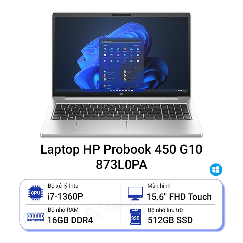 Laptop HP ProBook 450 G10 873L0PA i7 1360P| 16GB| 512GB SSD|15.6 inch FHD Touch|Win11| Silver| Vỏ nhôm