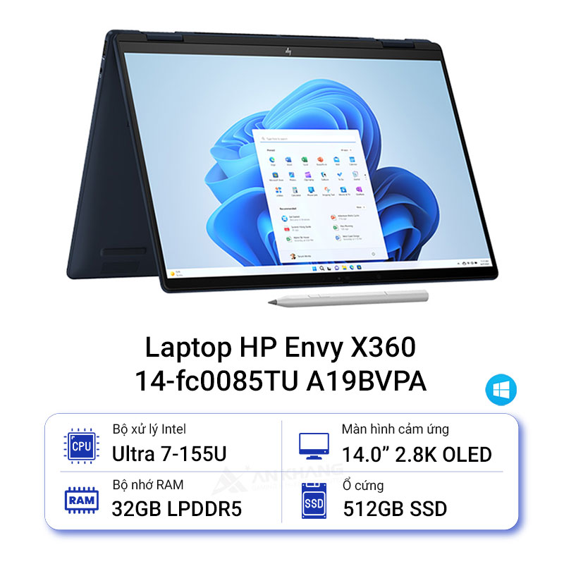 Laptop HP Envy X360 14-fc0085TU (A19BVPA) (Ultra7 155U/32GB RAM/512GB SSD/14 2.8K Cảm ứng/Bút/Win11/Xanh)