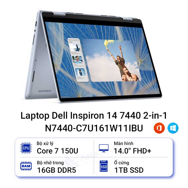 Laptop Dell Inspiron 14 7440 2-in-1 N7440-C7U161W11IBU (Intel Core 7 150U | 16GB | 1TB | 14 inch FHD+ | WIn 11 | Office | Xanh)