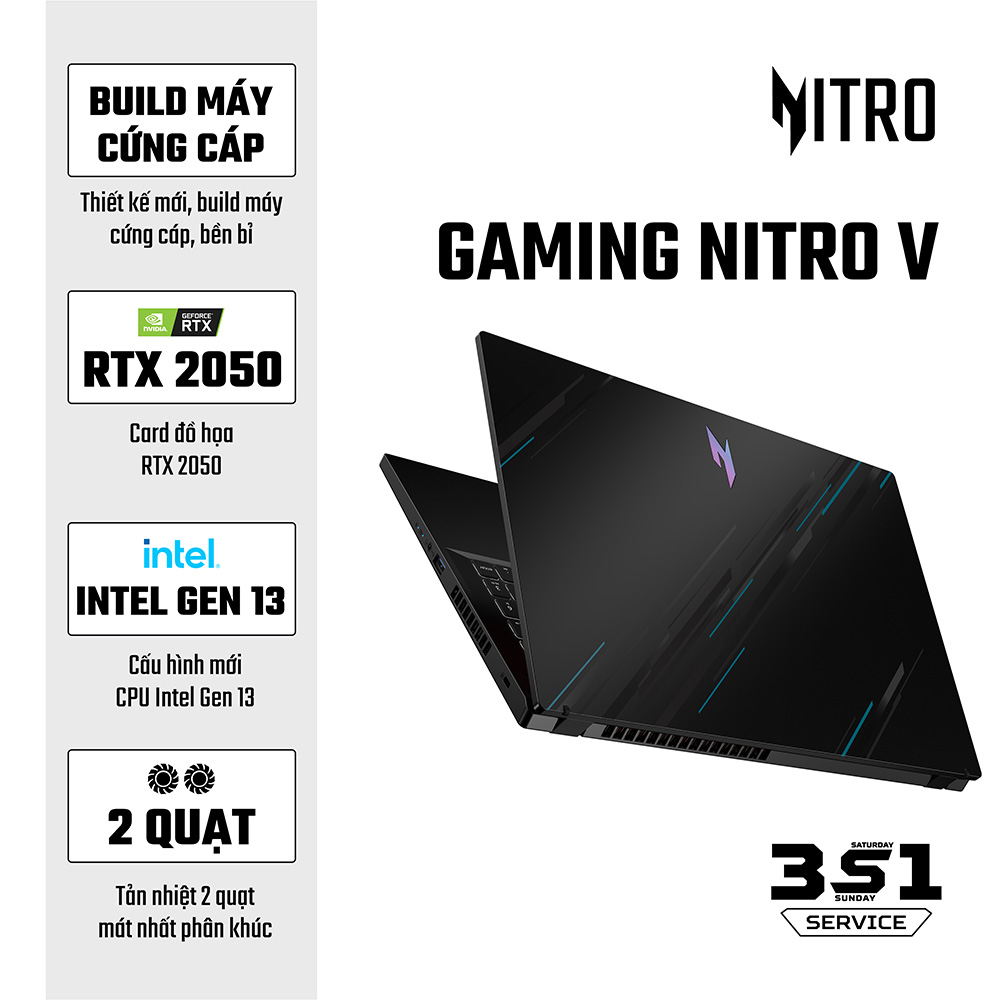 Laptop Acer Gaming Nitro V ANV15-51-58AN NH.QNASV.001 (Intel Core i5-13420H |RTX 2050 4GB GDDR6 | 8GB | 512GB | 15.6 inch FHD | Win 11 | Obsidian Black)