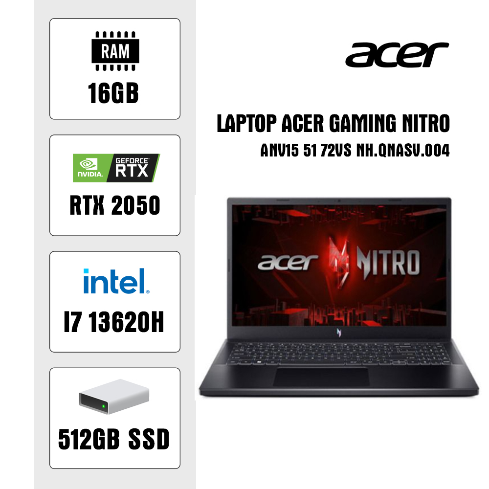 Laptop Acer Gaming Nitro V ANV15-51-72VS NH.QNASV.004 (Intel Core i7-13620H |RTX 2050 4GB GDDR6| 16GB | 512GB | 15.6 inch FHD | Win 11 | Obsidian black)