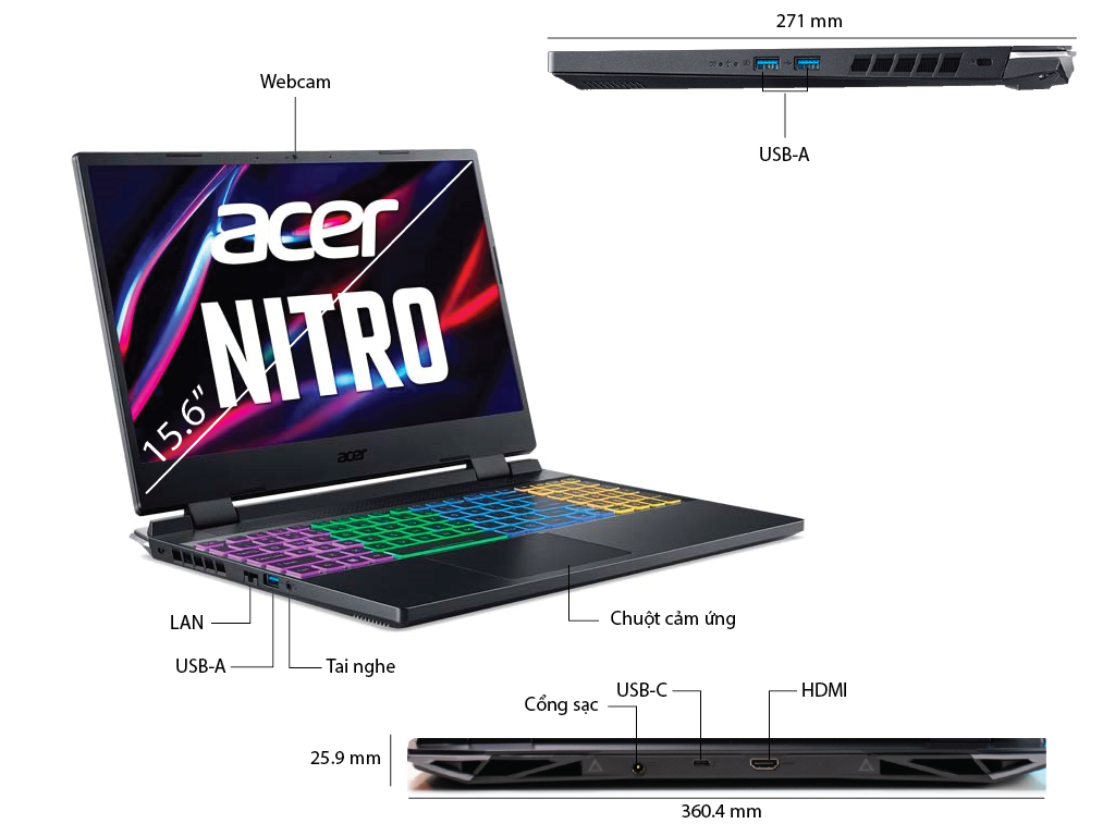 Laptop Gaming Acer Nitro 5 Tiger AN515-58-769J NH.QFHSV.003 (Core i7-12700H |RTX™ 3050 4GB| 8GB | 512GB | 15.6 inch FHD 144Hz | Win 11 | Đen)