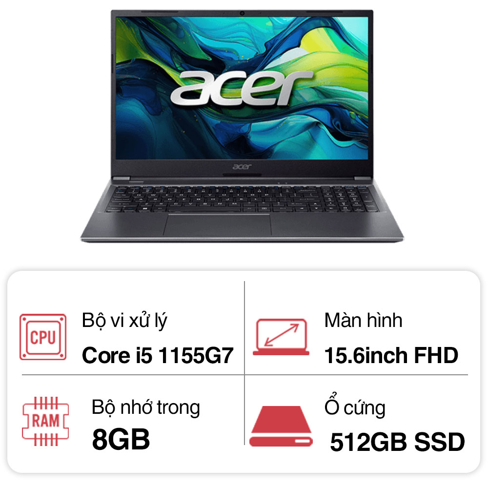 Laptop Acer Aspire Lite AL15-51M-55NB NX.KRSSV.001 (Intel Core i5-1155G7 | 8GB | 512GB | Intel Iris Xe | 15.6 inch FHD | Win 11 | Xám)