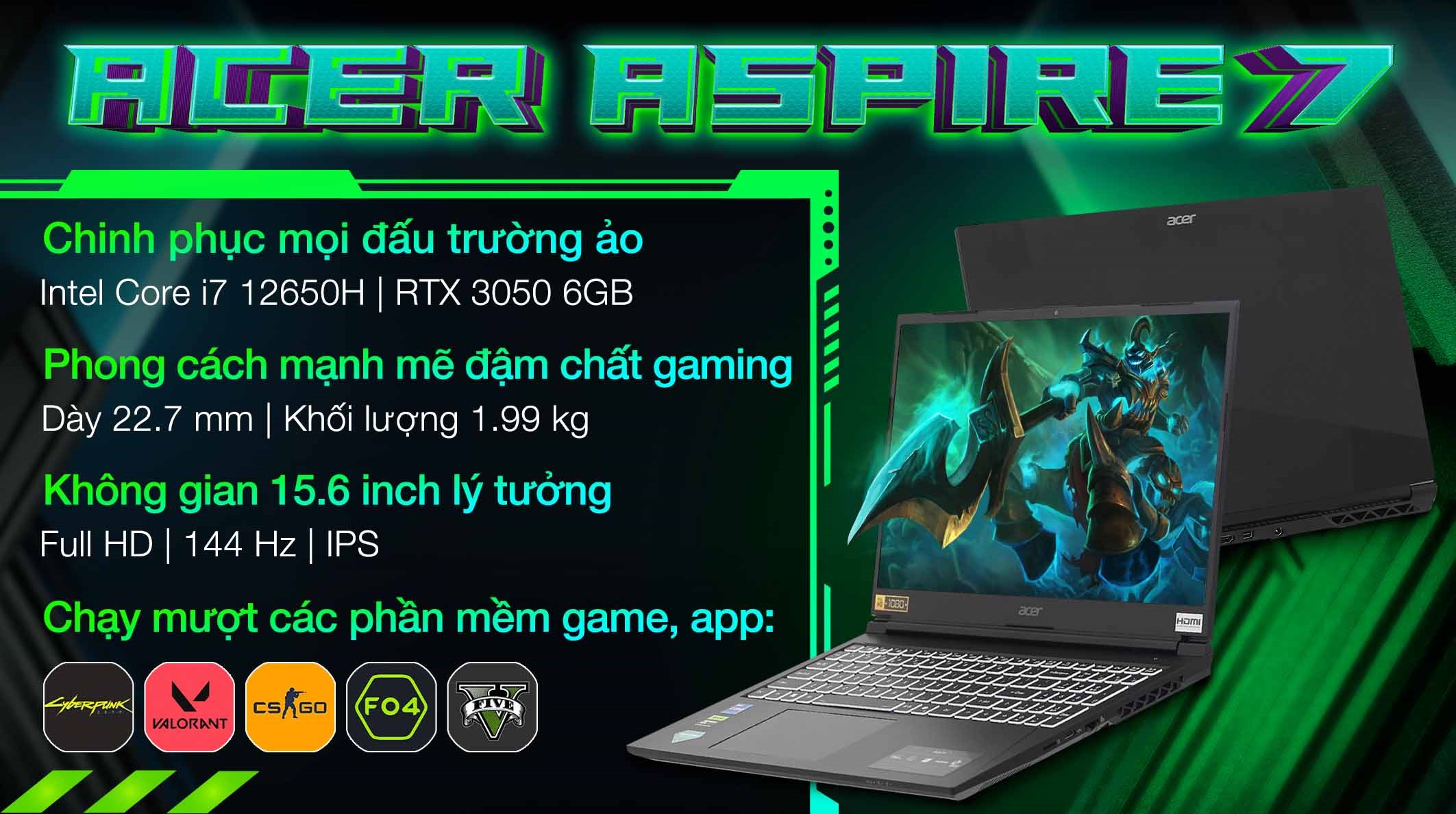 Acer Aspire 7 A715-59G – i7-12650H | RTX 3050 | 15.6″ FHD 144Hz | Win 11
