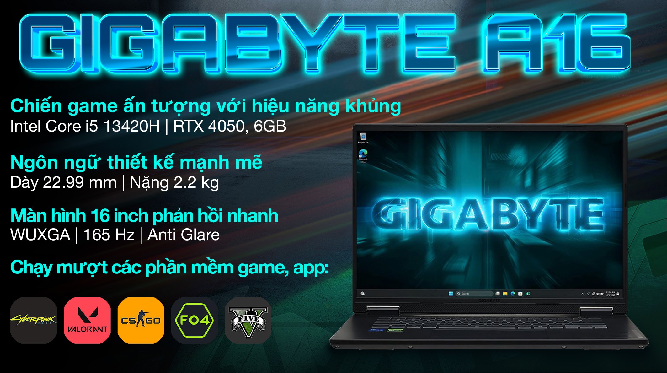 Laptop Gaming GIGABYTE Gaming A16 CMHI2VN894SH (Intel Core i5‑13420H/16GB/1TB/RTX 4050/16″ 165Hz)