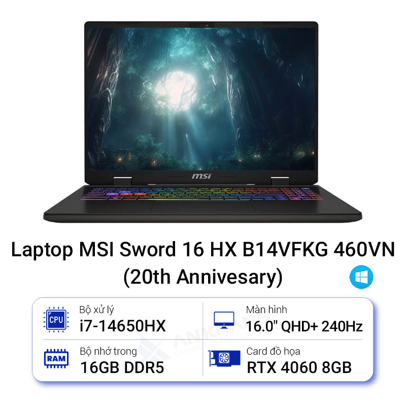 Laptop MSI Sword 16 HX (B14VFKG-460VN) (i7-14650HX/1TB PCIe SSD/DDR5 8GB*2 /RTX 4060,GDDR6 8GB/16